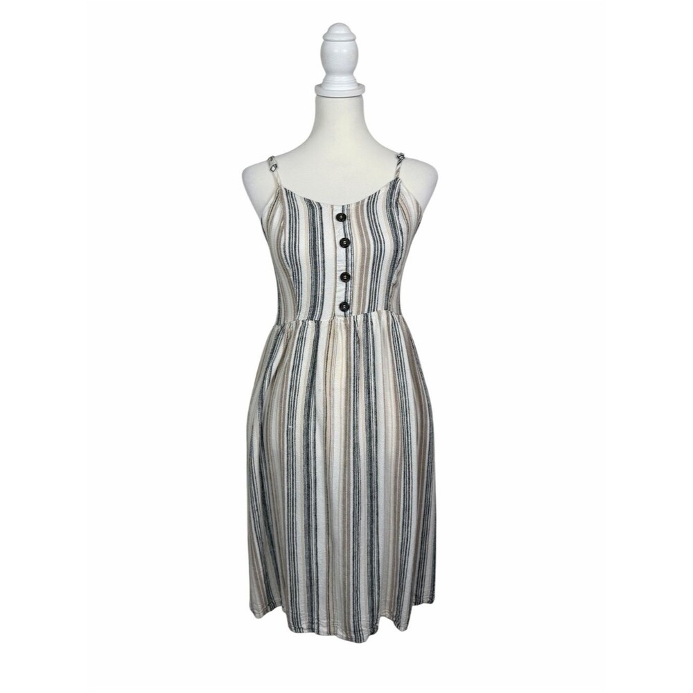J for Justify Striped Sundress Coastal Beach Button Front Smocked Back Pockets